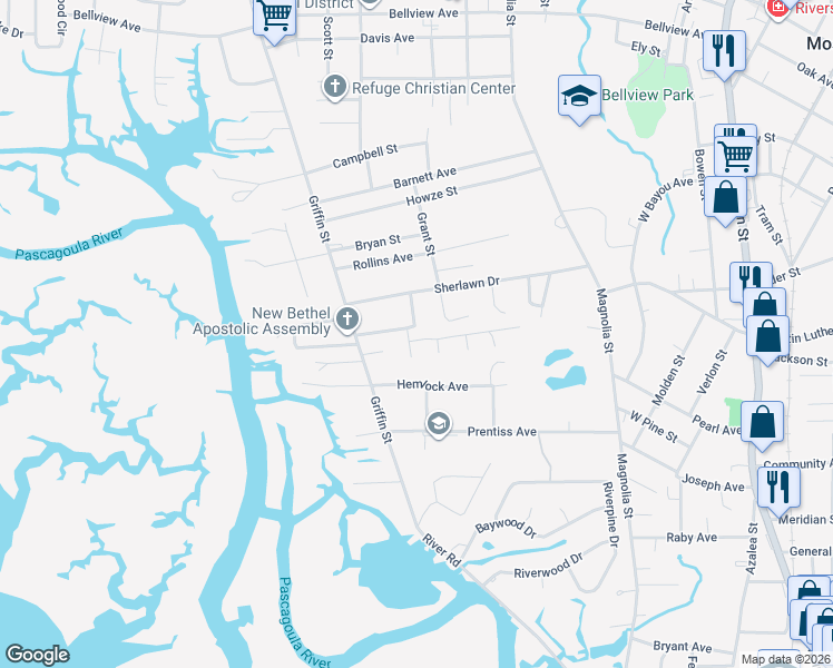 map of restaurants, bars, coffee shops, grocery stores, and more near 3601 Devonshire Drive in Moss Point