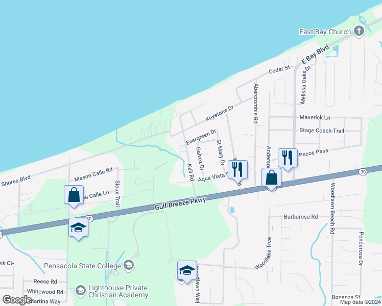 map of restaurants, bars, coffee shops, grocery stores, and more near 1808 Kell Road in Gulf Breeze