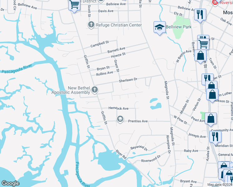 map of restaurants, bars, coffee shops, grocery stores, and more near 3601 Devonshire Drive in Moss Point