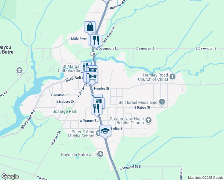 map of restaurants, bars, coffee shops, grocery stores, and more near 8635 Hemley Street in Bayou La Batre