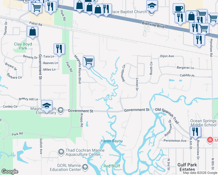 map of restaurants, bars, coffee shops, grocery stores, and more near Point Clear Drive in Ocean Springs