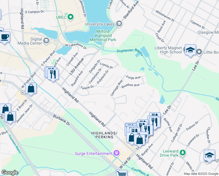 map of restaurants, bars, coffee shops, grocery stores, and more near 4912 Tulane Drive in Baton Rouge