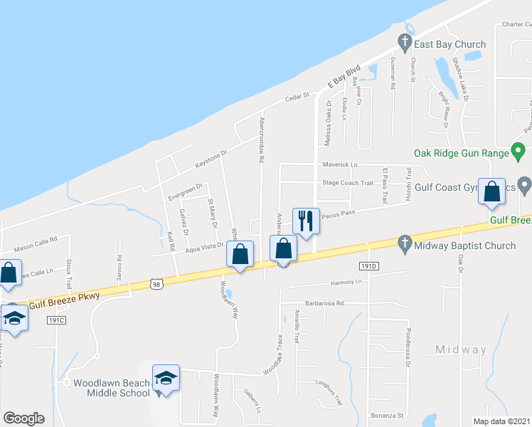 map of restaurants, bars, coffee shops, grocery stores, and more near 1816 Abercrombie Road in Gulf Breeze