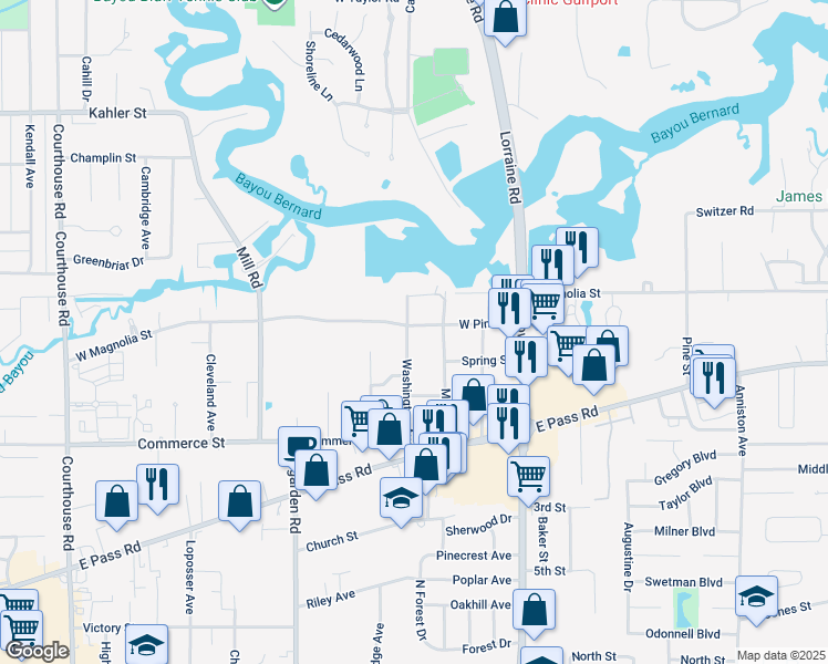 map of restaurants, bars, coffee shops, grocery stores, and more near 1124 Washington Avenue in Gulfport