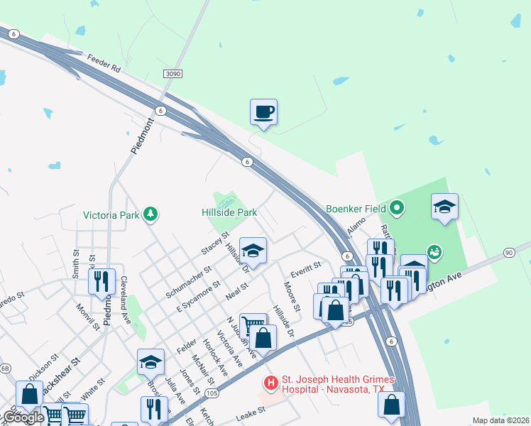 map of restaurants, bars, coffee shops, grocery stores, and more near 711 Wadesway in Navasota