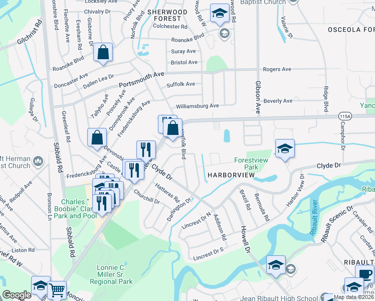 map of restaurants, bars, coffee shops, grocery stores, and more near 8858 Norfolk Boulevard in Jacksonville