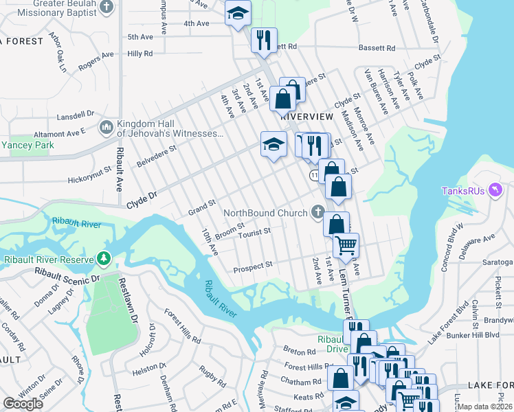 map of restaurants, bars, coffee shops, grocery stores, and more near 8931 5th Avenue in Jacksonville