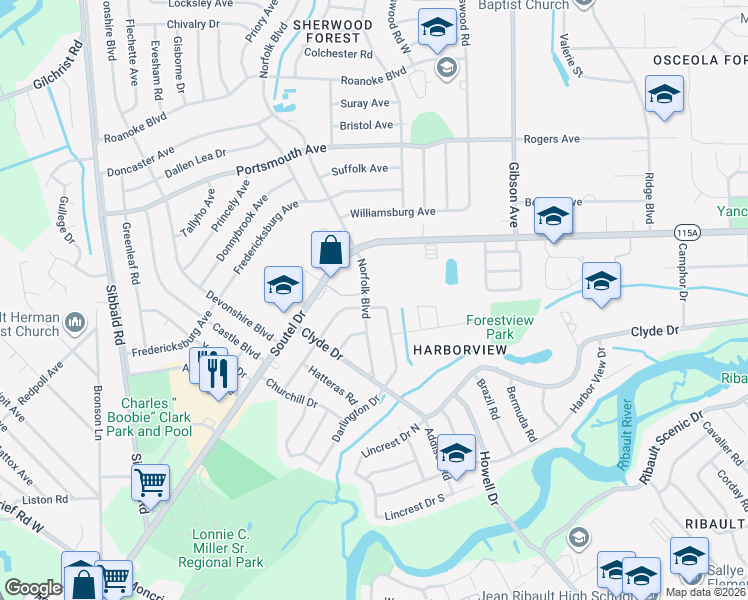 map of restaurants, bars, coffee shops, grocery stores, and more near 8858 Norfolk Boulevard in Jacksonville