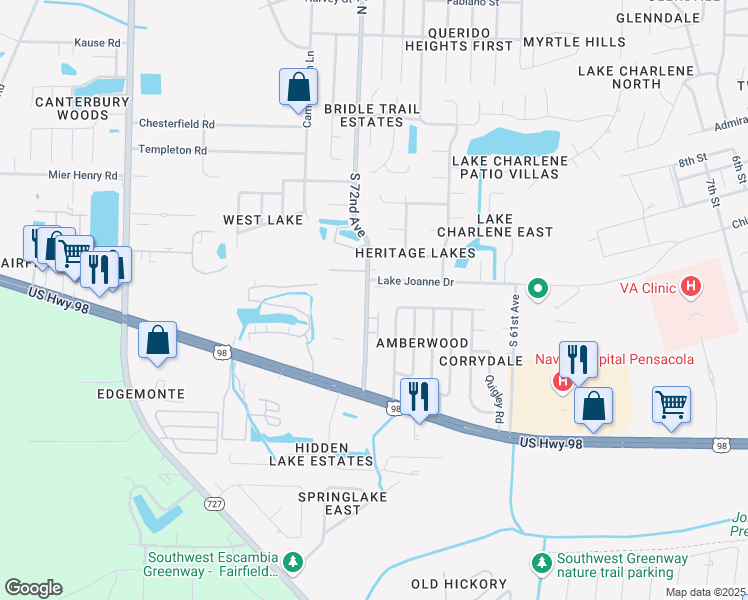 map of restaurants, bars, coffee shops, grocery stores, and more near 618 North 72nd Avenue in Pensacola