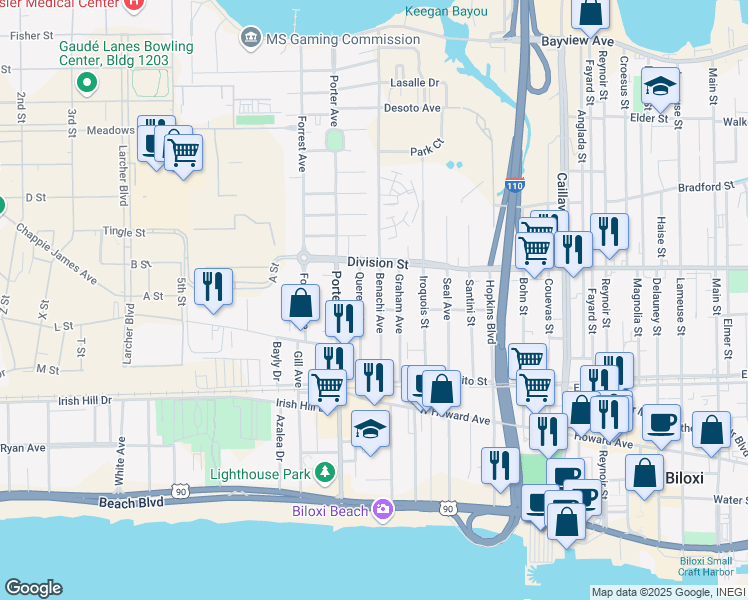map of restaurants, bars, coffee shops, grocery stores, and more near 269 Benachi Avenue in Biloxi