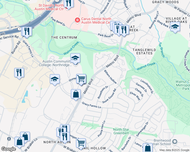 map of restaurants, bars, coffee shops, grocery stores, and more near 12001 Metric Boulevard in Austin