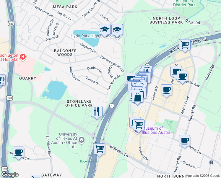 map of restaurants, bars, coffee shops, grocery stores, and more near 11101 Calle Verde Drive in Austin
