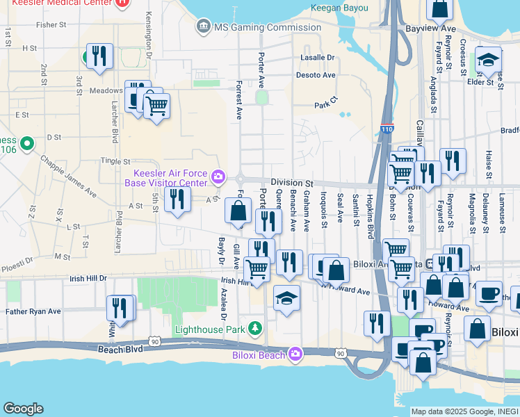 map of restaurants, bars, coffee shops, grocery stores, and more near 261 Porter Avenue in Biloxi