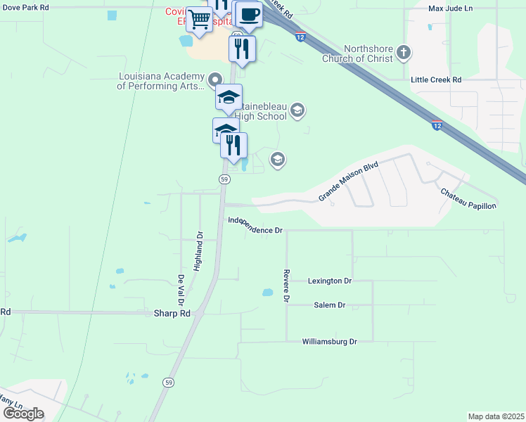 map of restaurants, bars, coffee shops, grocery stores, and more near 104 Grand Maison Boulevard in Mandeville