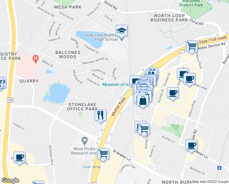 map of restaurants, bars, coffee shops, grocery stores, and more near 11101 Calle Verde Drive in Austin