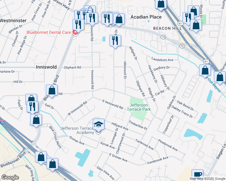 map of restaurants, bars, coffee shops, grocery stores, and more near 9902 Cal Road in Baton Rouge
