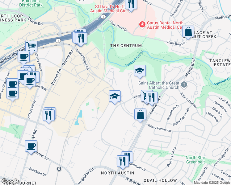 map of restaurants, bars, coffee shops, grocery stores, and more near 2289 Gracy Farms Lane in Austin