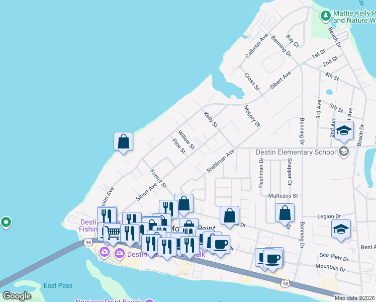 map of restaurants, bars, coffee shops, grocery stores, and more near 805 Pine Street in Destin