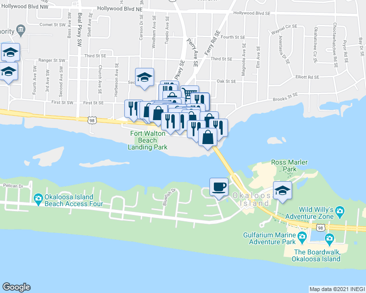 map of restaurants, bars, coffee shops, grocery stores, and more near 179 Brooks St SE in Fort Walton Beach
