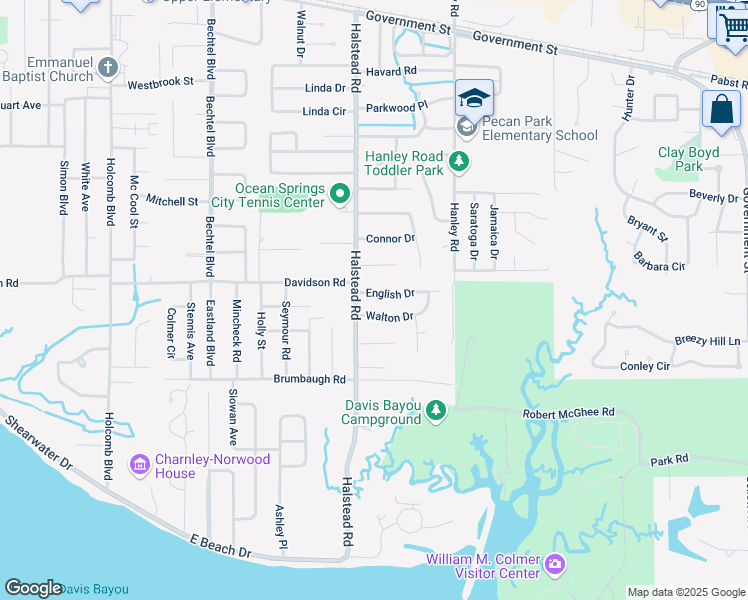 map of restaurants, bars, coffee shops, grocery stores, and more near 2706 English Drive in Ocean Springs
