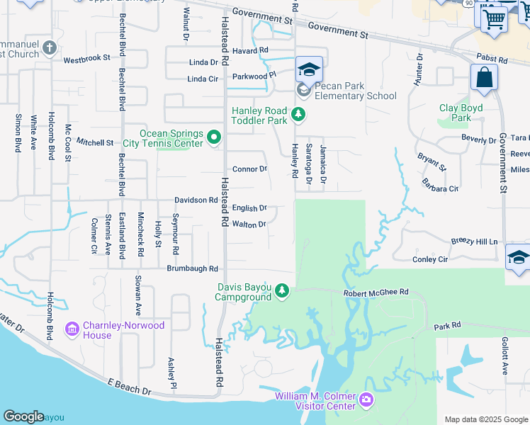 map of restaurants, bars, coffee shops, grocery stores, and more near 2716 English Drive in Ocean Springs