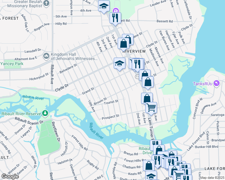 map of restaurants, bars, coffee shops, grocery stores, and more near 8931 5th Avenue in Jacksonville