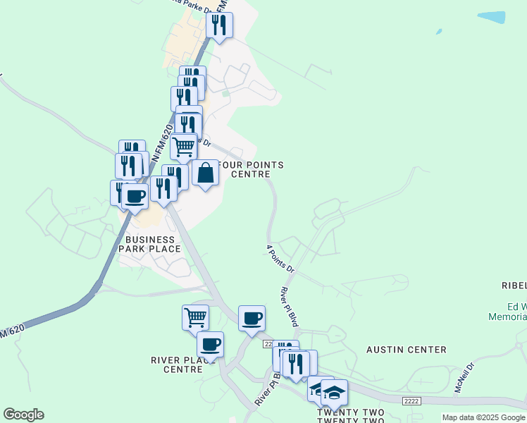 map of restaurants, bars, coffee shops, grocery stores, and more near 11031 4 Points Dr in Austin
