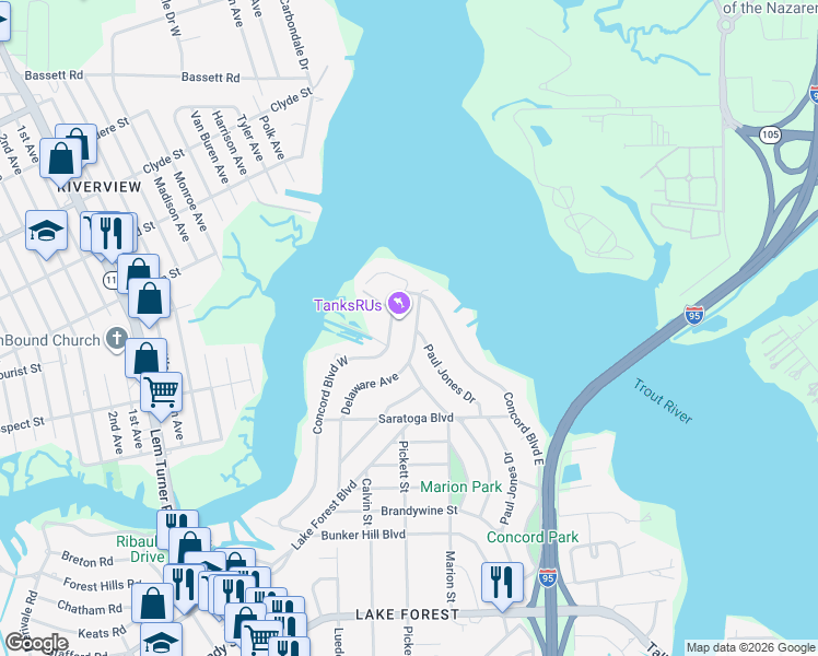 map of restaurants, bars, coffee shops, grocery stores, and more near 8450 Delaware Avenue in Jacksonville