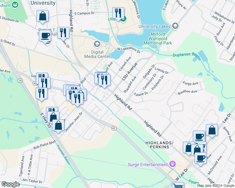 map of restaurants, bars, coffee shops, grocery stores, and more near 4519 Highland Road in Baton Rouge