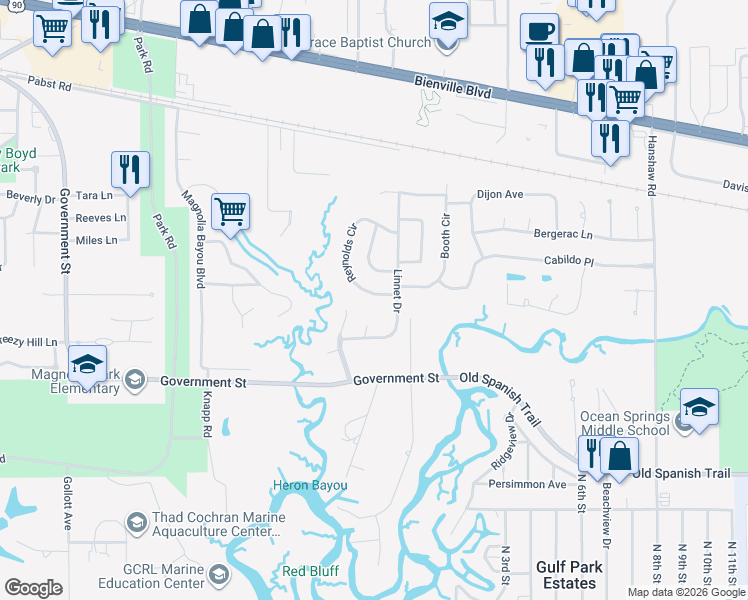 map of restaurants, bars, coffee shops, grocery stores, and more near 107 Reynolds Circle in Ocean Springs