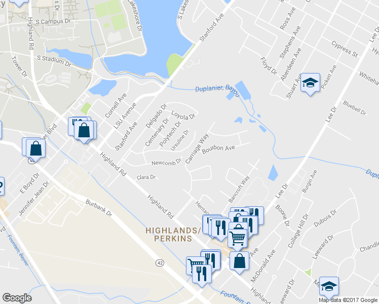 map of restaurants, bars, coffee shops, grocery stores, and more near 627 Carriage Way in Baton Rouge
