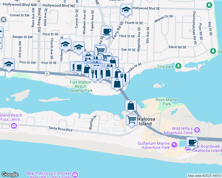 map of restaurants, bars, coffee shops, grocery stores, and more near 189 Brooks Street Southeast in Fort Walton Beach