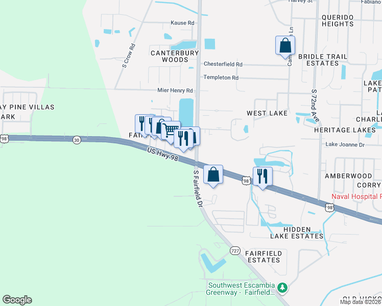 map of restaurants, bars, coffee shops, grocery stores, and more near 8000 U.S. 98 in Pensacola