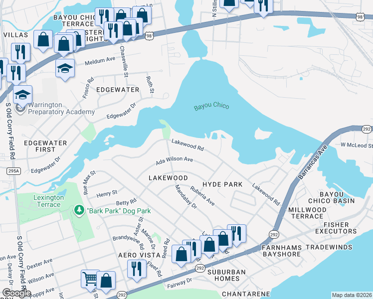 map of restaurants, bars, coffee shops, grocery stores, and more near 709 Lakewood Road in Pensacola