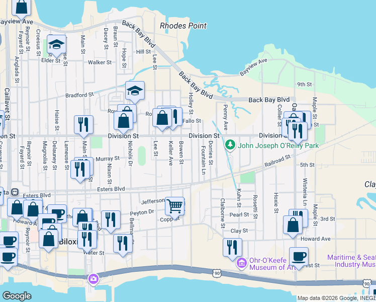map of restaurants, bars, coffee shops, grocery stores, and more near 269 Holley Street in Biloxi