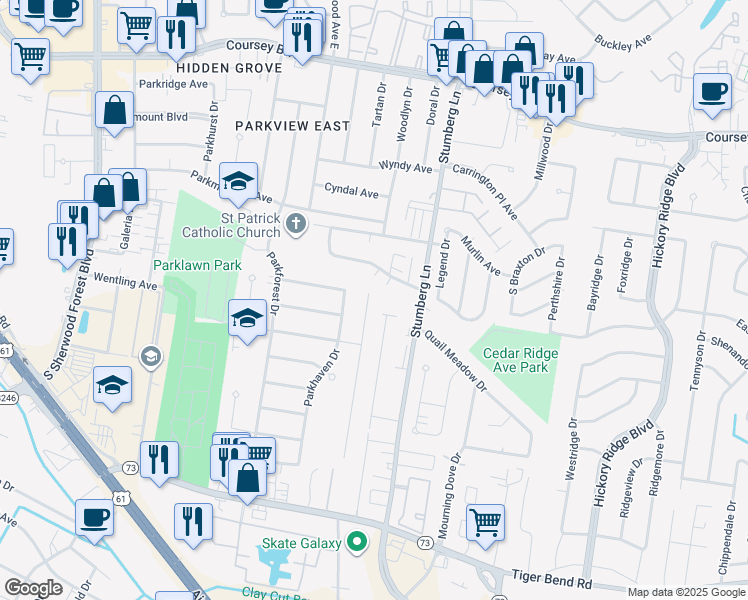 map of restaurants, bars, coffee shops, grocery stores, and more near 5411 Parkknoll Place Drive in Baton Rouge