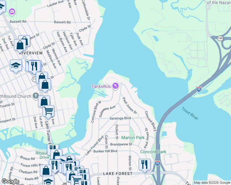 map of restaurants, bars, coffee shops, grocery stores, and more near 8450 Delaware Avenue in Jacksonville