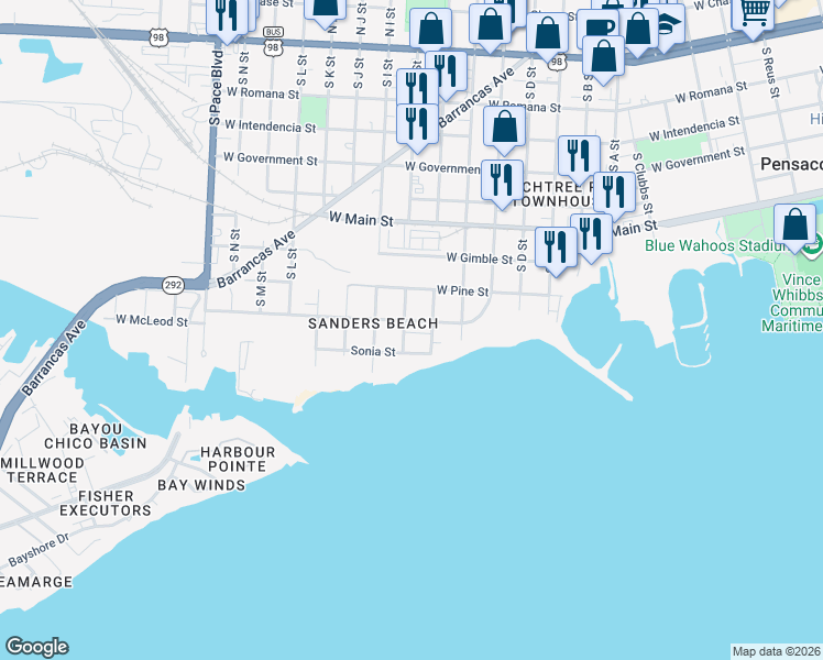 map of restaurants, bars, coffee shops, grocery stores, and more near 1425 Cypress Street in Pensacola