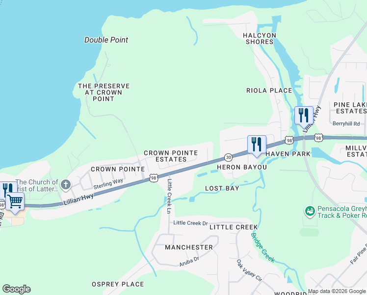 map of restaurants, bars, coffee shops, grocery stores, and more near 7934 Castle Pointe Way in Pensacola