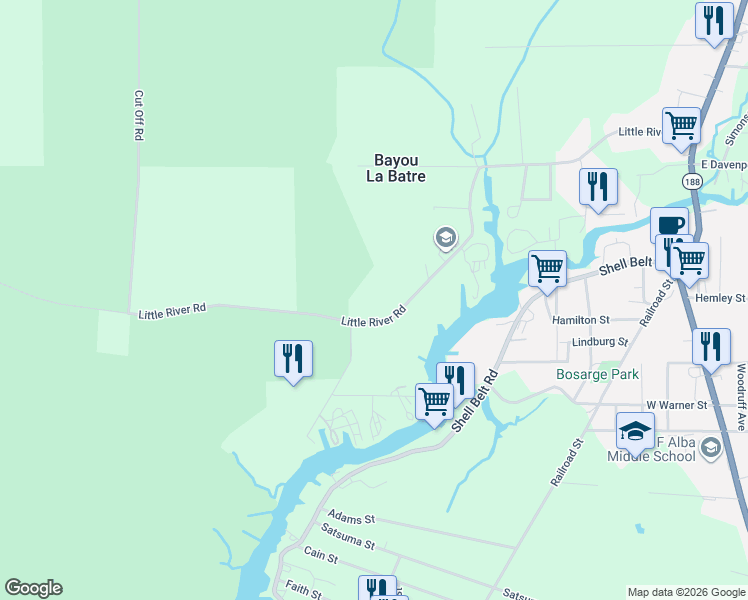 map of restaurants, bars, coffee shops, grocery stores, and more near 9300 Little River Road in Bayou La Batre