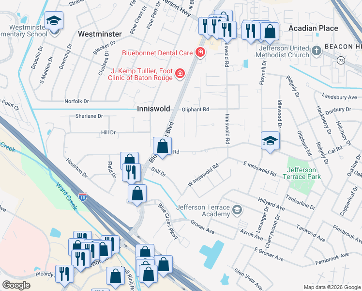 map of restaurants, bars, coffee shops, grocery stores, and more near 9277 Cal Road in Baton Rouge