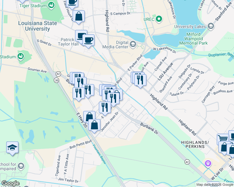 map of restaurants, bars, coffee shops, grocery stores, and more near 352 East Boyd Drive in Baton Rouge