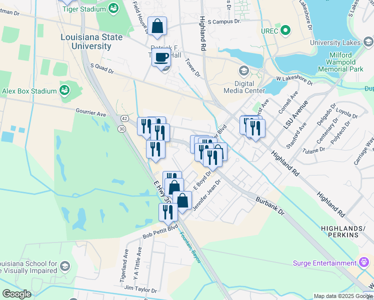 map of restaurants, bars, coffee shops, grocery stores, and more near 4176 Burbank Drive in Baton Rouge