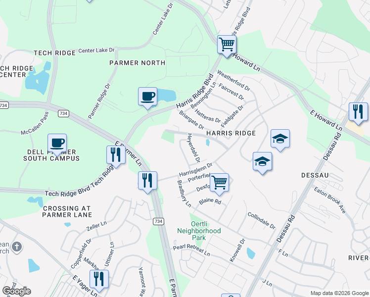 map of restaurants, bars, coffee shops, grocery stores, and more near 12928 Heyerdahl Drive in Austin