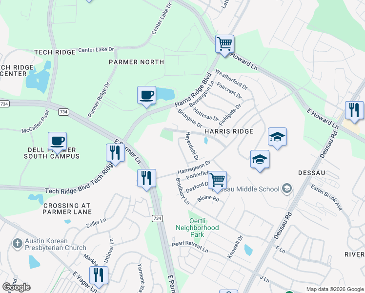 map of restaurants, bars, coffee shops, grocery stores, and more near 12928 Heyerdahl Drive in Austin