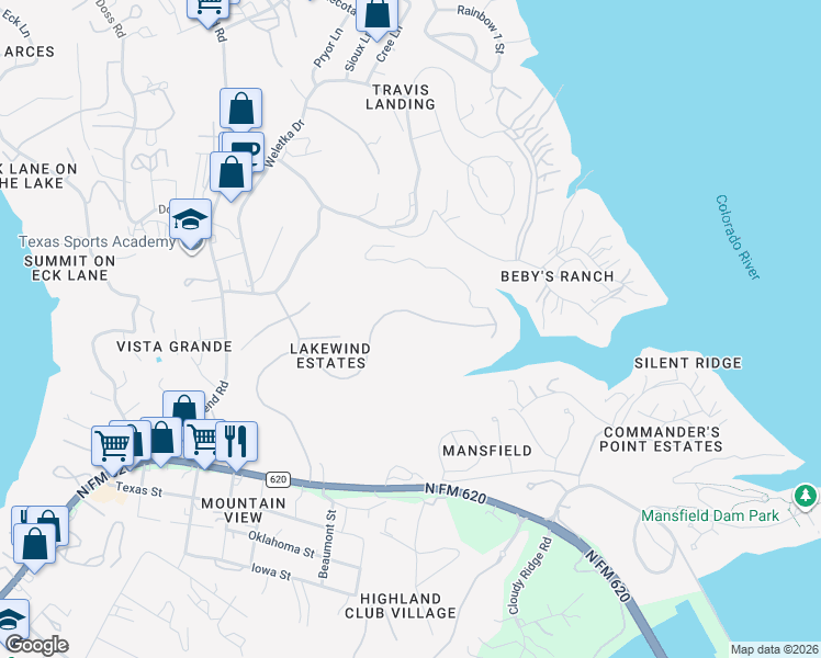 map of restaurants, bars, coffee shops, grocery stores, and more near 4501 Lago Viento in Austin