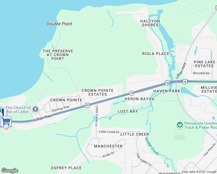 map of restaurants, bars, coffee shops, grocery stores, and more near 7934 Castle Pointe Way in Pensacola