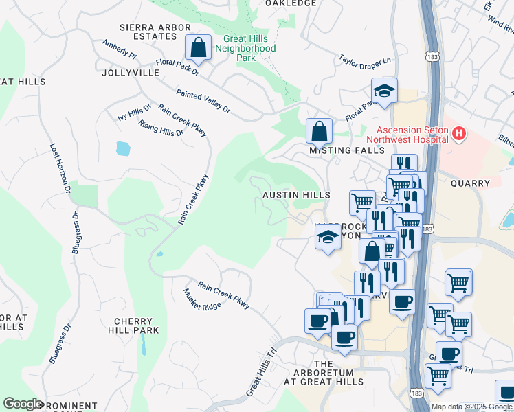 map of restaurants, bars, coffee shops, grocery stores, and more near 10300 Morado Cove in Austin
