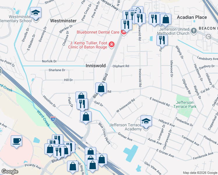 map of restaurants, bars, coffee shops, grocery stores, and more near 9277 Cal Rd in Baton Rouge