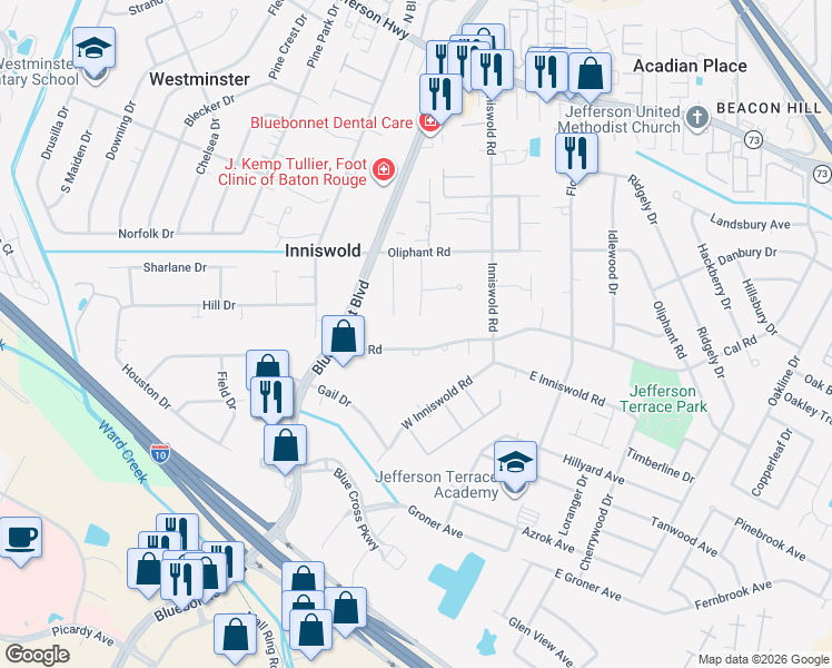 map of restaurants, bars, coffee shops, grocery stores, and more near 9455 Cal Road in Baton Rouge